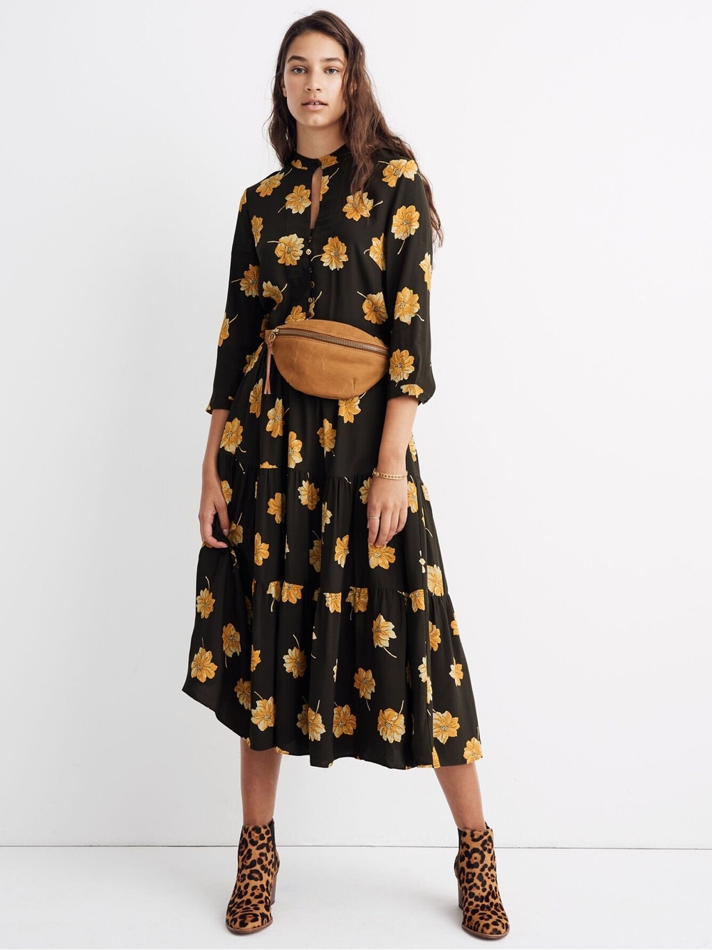 Madewell Button Front Tier Dress Midi In Fall Flowers Olive Green Yellow Size M